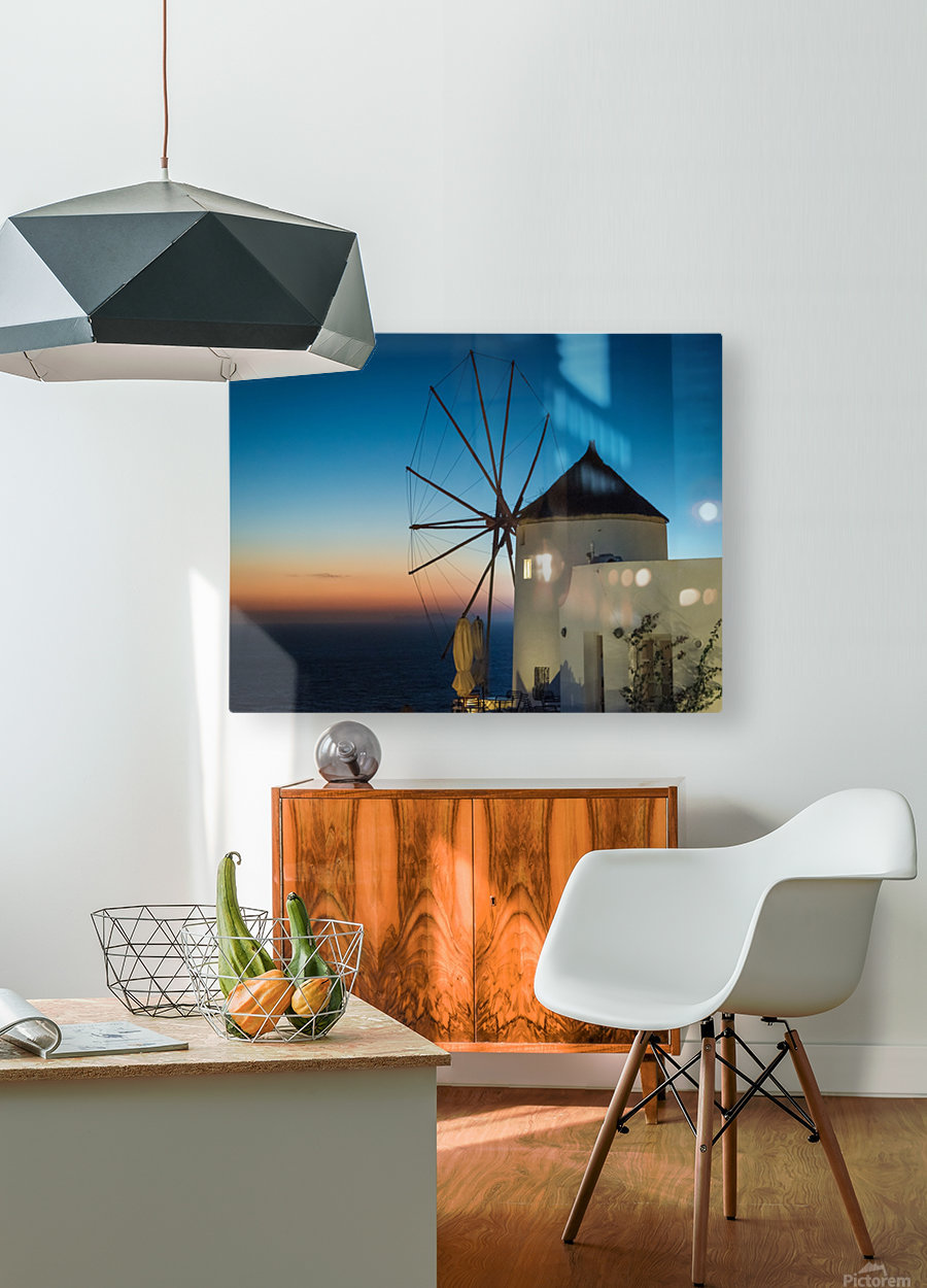 Mills Oia Night  HD Metal print with Floating Frame on Back